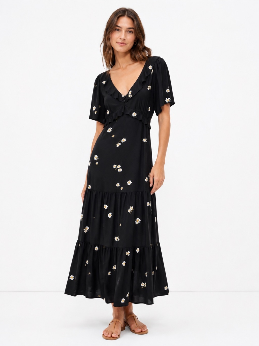 Madewell Lazy Daisy Ruffle Tiered Maxi Dress Size 6  Black Floral Feminine